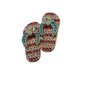 Rhinestone Flip Flop Brooch Pink Blue Gold Tone Y2K